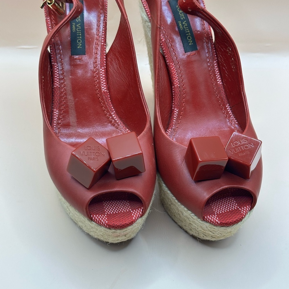 š„LOUIS VUITTON Red Leather, Espadrille & Logo "Dice" Wedge Heels š„ - Picture 9 of 16